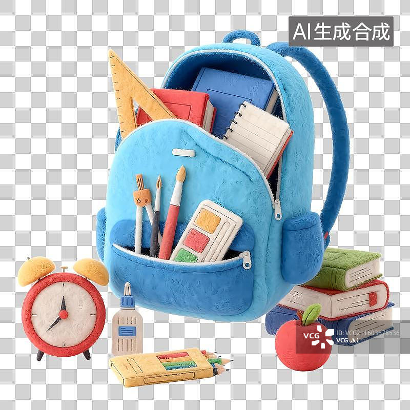 【AI数字艺术】3D教育题材打开的学生书包书包，教科书，闹钟，画笔，元素图片素材