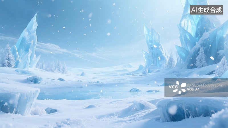 【AI数字艺术】冰晶秘境,蓝调冰原,巨型冰晶柱,雪地,雾凇树木,飘雪,奇幻冰雪景观,纯净冷色调,自然奇观,冬日幻境图片素材