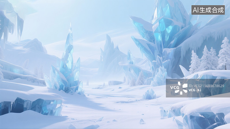 【AI数字艺术】冰晶秘境,蓝调冰原,巨型冰晶柱,雪地,雾凇树木,飘雪,奇幻冰雪景观,纯净冷色调,自然奇观,冬日幻境图片素材