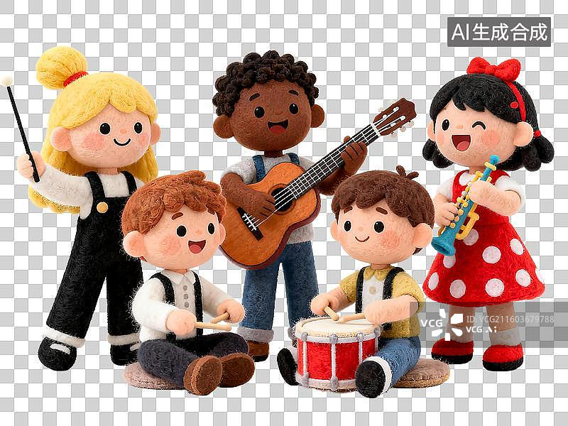 【AI数字艺术】3D毛毡演奏音乐的小朋友，童年，乐器，吉他，鼓，萨克斯图片素材