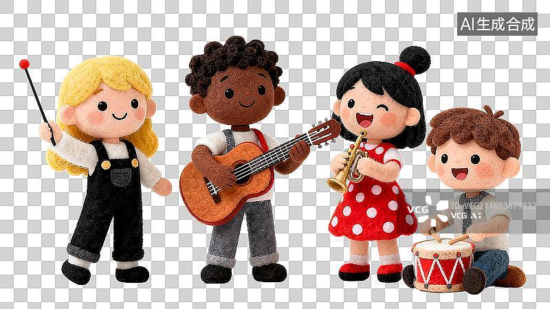 【AI数字艺术】3D毛毡演奏音乐的小朋友，童年，乐器，吉他，鼓，萨克斯图片素材