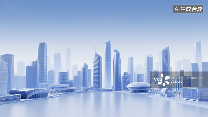 【AI数字艺术】3D蓝色调城市天际线，摩天大楼图片素材