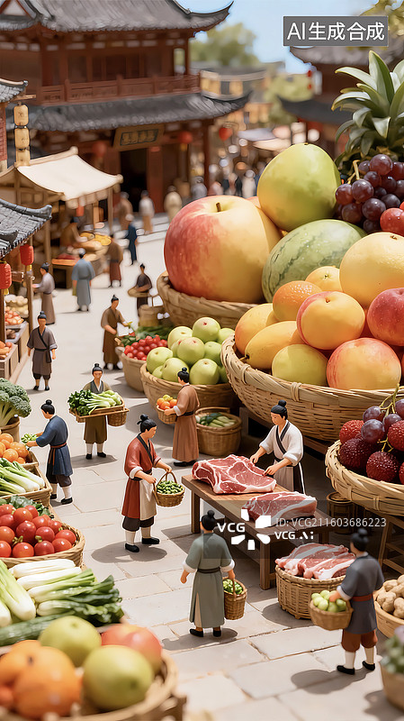 【AI数字艺术】古代创意微距年货节早市菜市场场景图片素材