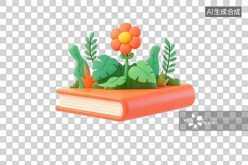 【AI数字艺术】3D卡通书上长出茂盛的花草，免扣元素图片素材