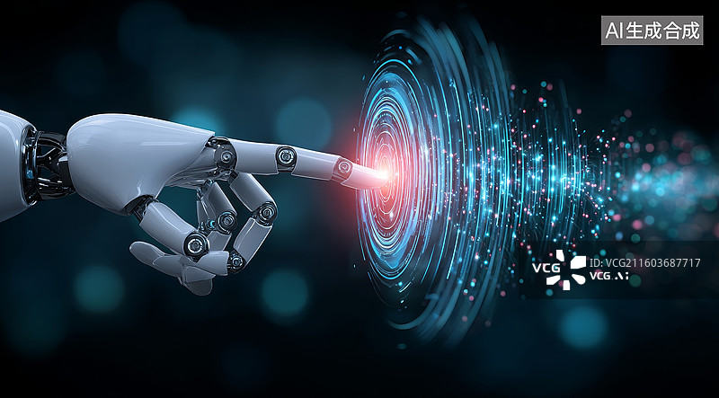 【AI数字艺术】机械手触碰能量波图片素材