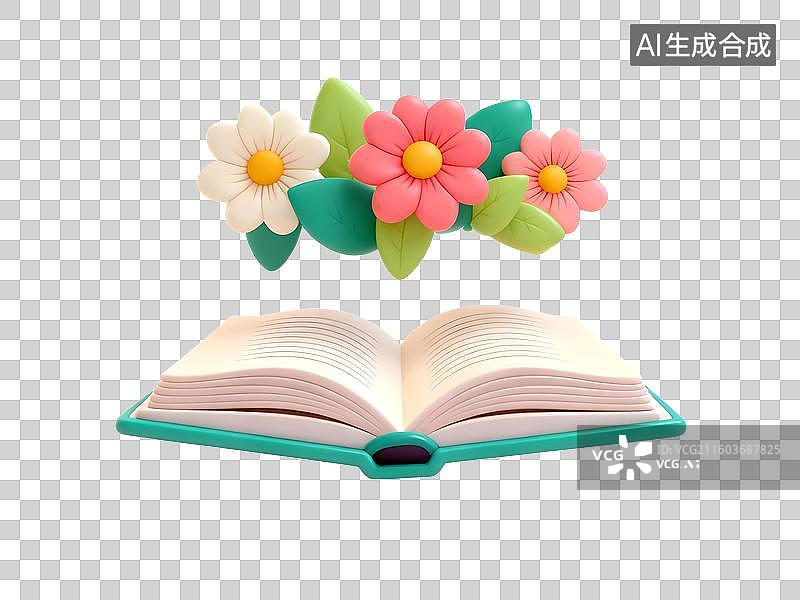 【AI数字艺术】3D卡通书上的茂盛的鲜花，打开的书，鲜花，文学，春天，智慧，免扣元素图片素材
