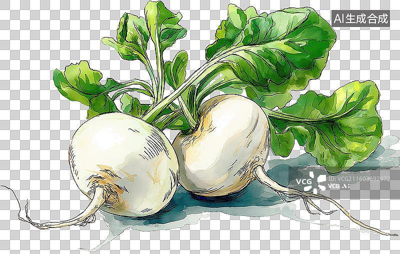 【AI数字艺术】白萝卜带绿叶插画图片素材