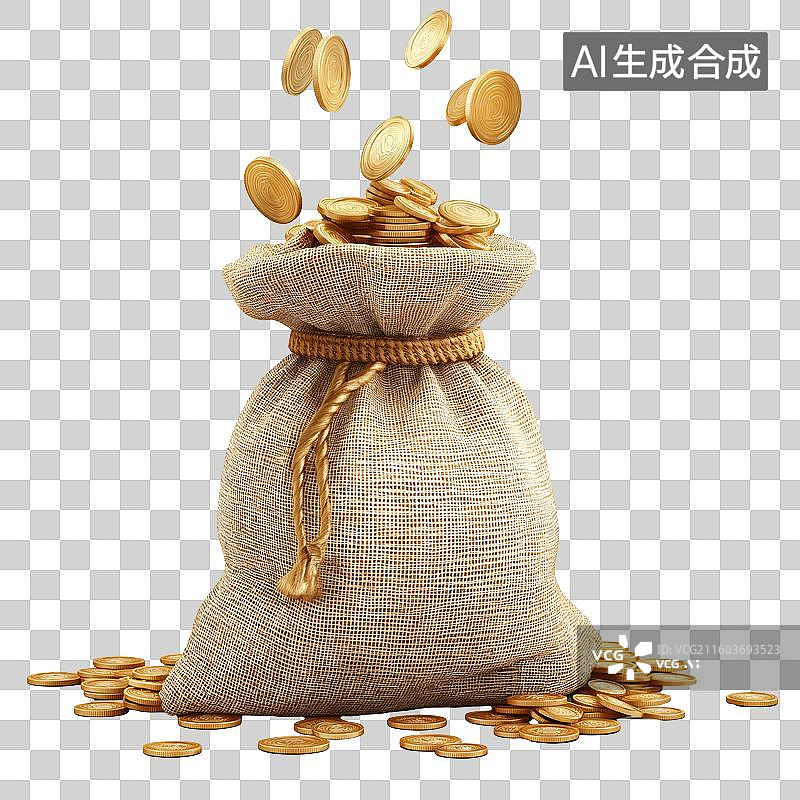 【AI数字艺术】装满金币的麻布袋图片素材