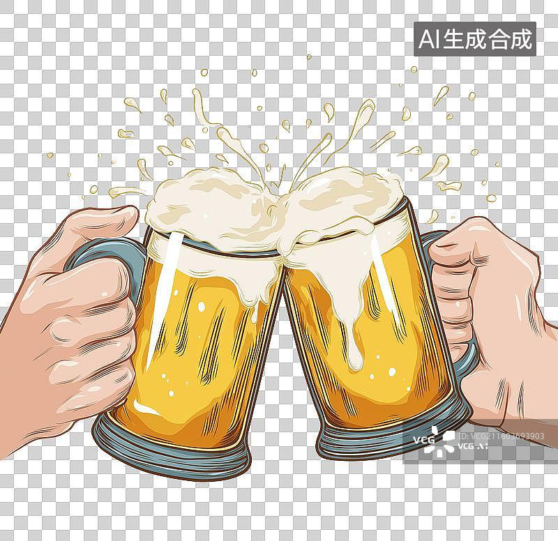 【AI数字艺术】两只啤酒杯碰杯溅起泡沫图片素材