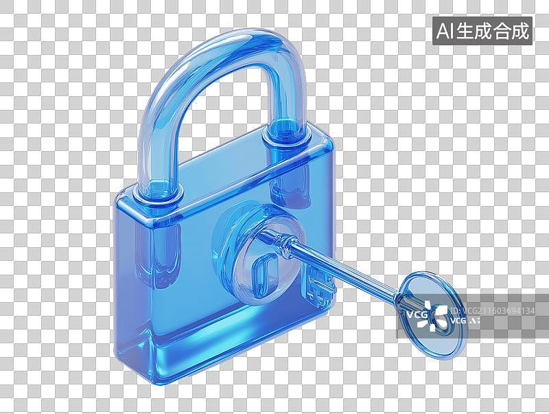 【AI数字艺术】透明蓝色挂锁与钥匙图片素材