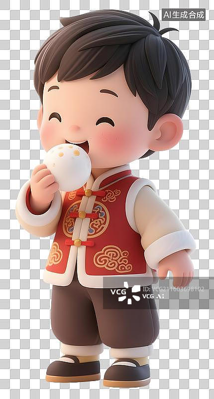 【AI数字艺术】AIGC：3D卡通新年春节吃年糕的小男孩，元素，免抠图形图片素材