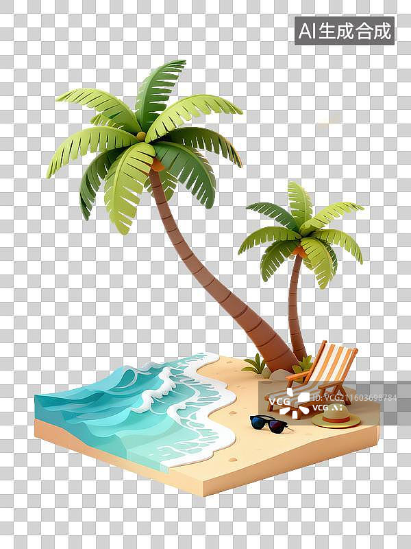 【AI数字艺术】阳光沙滩棕榈树与躺椅图片素材