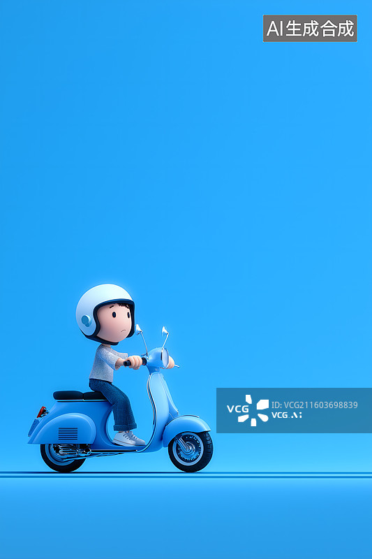 【AI数字艺术】卡通男孩骑着蓝色复古摩托车图片素材