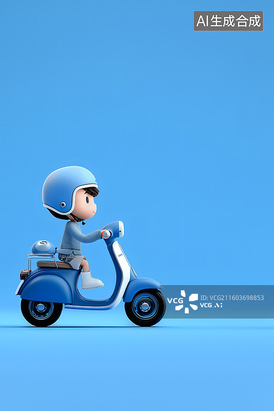 【AI数字艺术】卡通男孩骑着蓝色复古摩托车图片素材