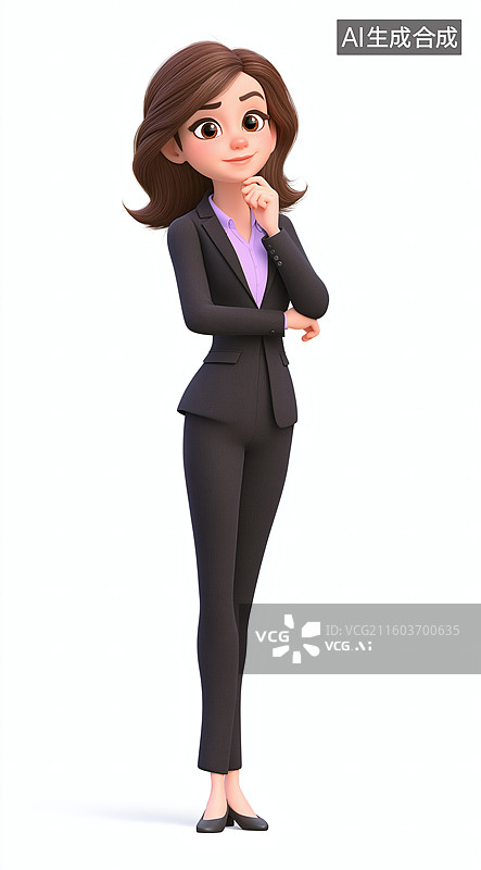【AI数字艺术】一位穿着职业装的卡通女性，双手抱臂，若有所思图片素材