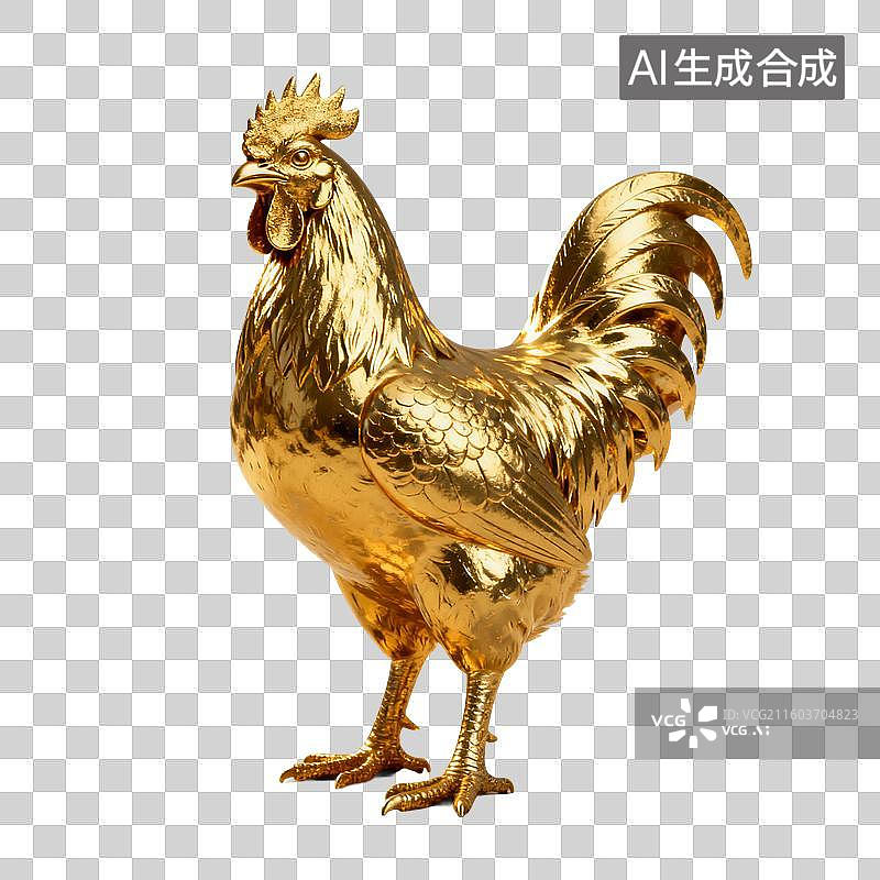 【AI数字艺术】3D渲染动物，金色金属质感，鸡，黄金公鸡，公鸡，雄鸡，大公鸡，鸡年，十二生肖，免抠元素图片素材