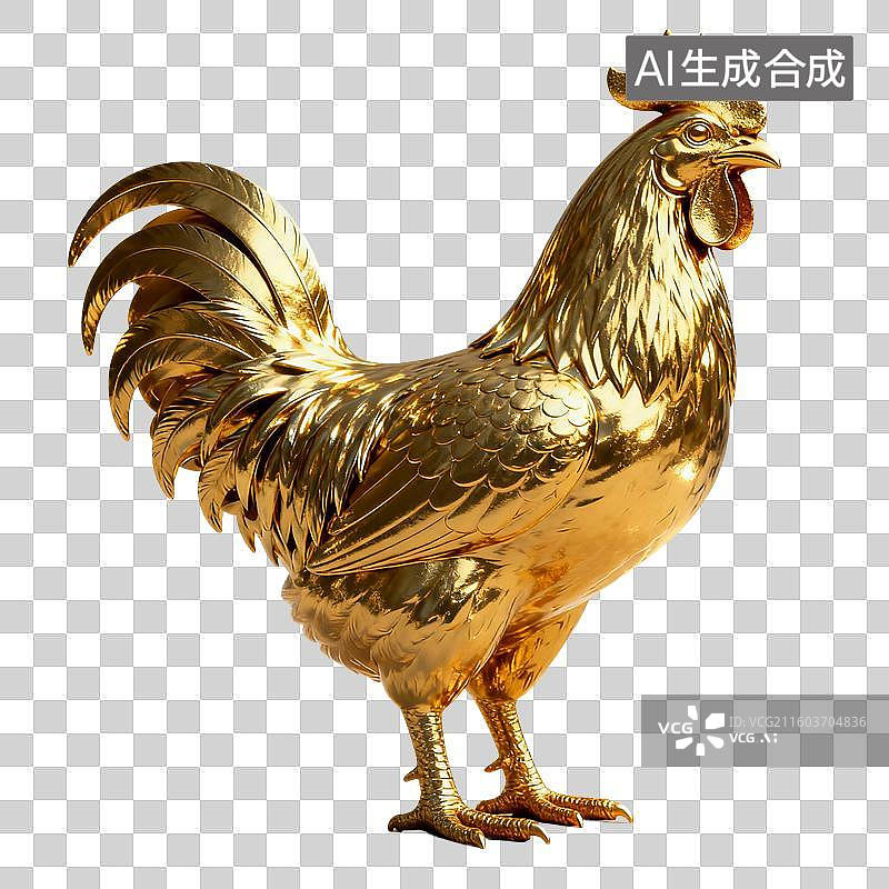 【AI数字艺术】3D渲染动物，金色金属质感，鸡，黄金公鸡，公鸡，雄鸡，大公鸡，鸡年，十二生肖，免抠元素图片素材