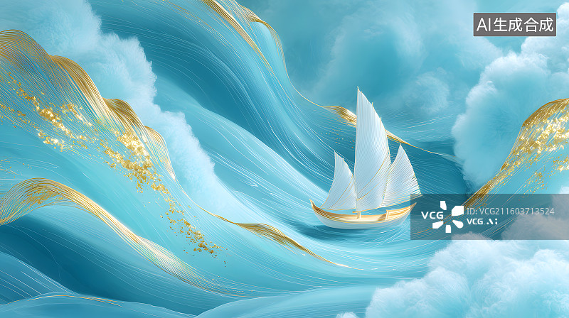 【AI数字艺术】风格插画行驶在海面上的一艘帆船图片素材