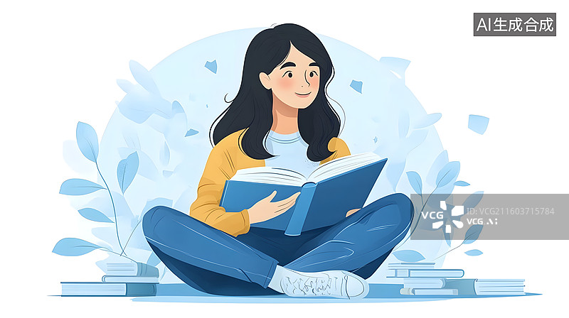 【AI数字艺术】读书的女孩读书日学习插画图片素材