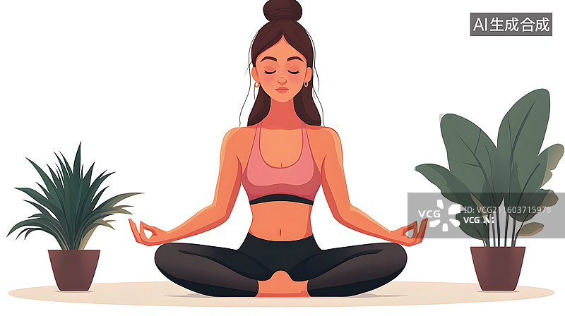 【AI数字艺术】扁平化女孩做瑜伽冥想减肥图片素材