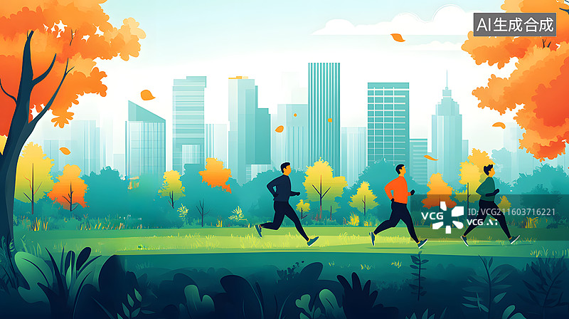 【AI数字艺术】一群人清晨在城市公园里跑步晨练 扁平化风图片素材