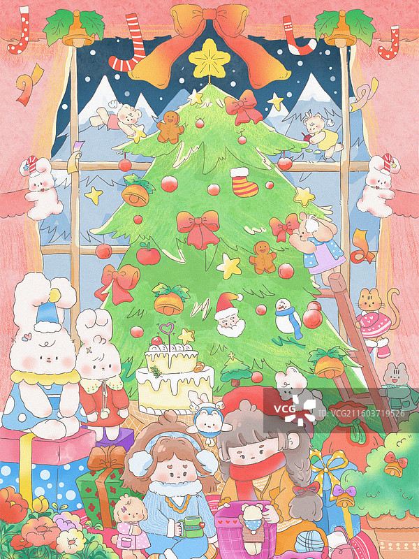 圣诞节治愈可爱的卡通人物兔子插画图片素材