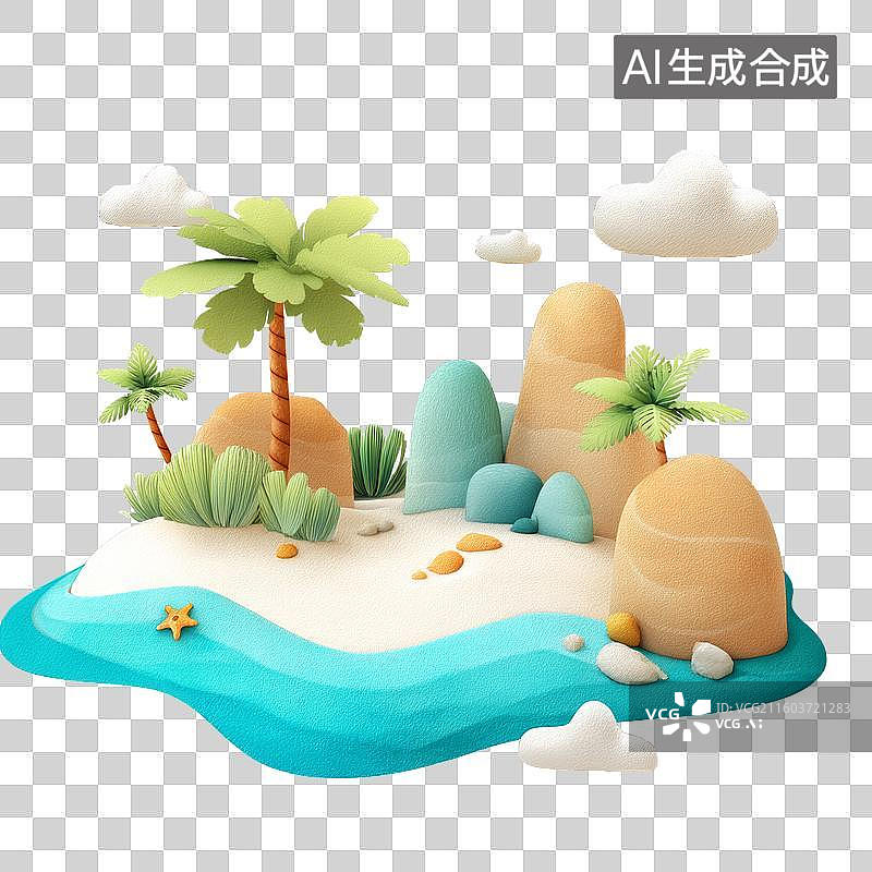 【AI数字艺术】3D膨胀风黏土风格卡通海岛椰树岩石夏天微缩景观免抠元素透明底PNG图片素材