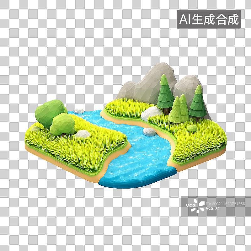 【AI数字艺术】3D膨胀风毛绒风格卡通绿色山脉小河草地微缩景观免抠元素透明底PNG图片素材