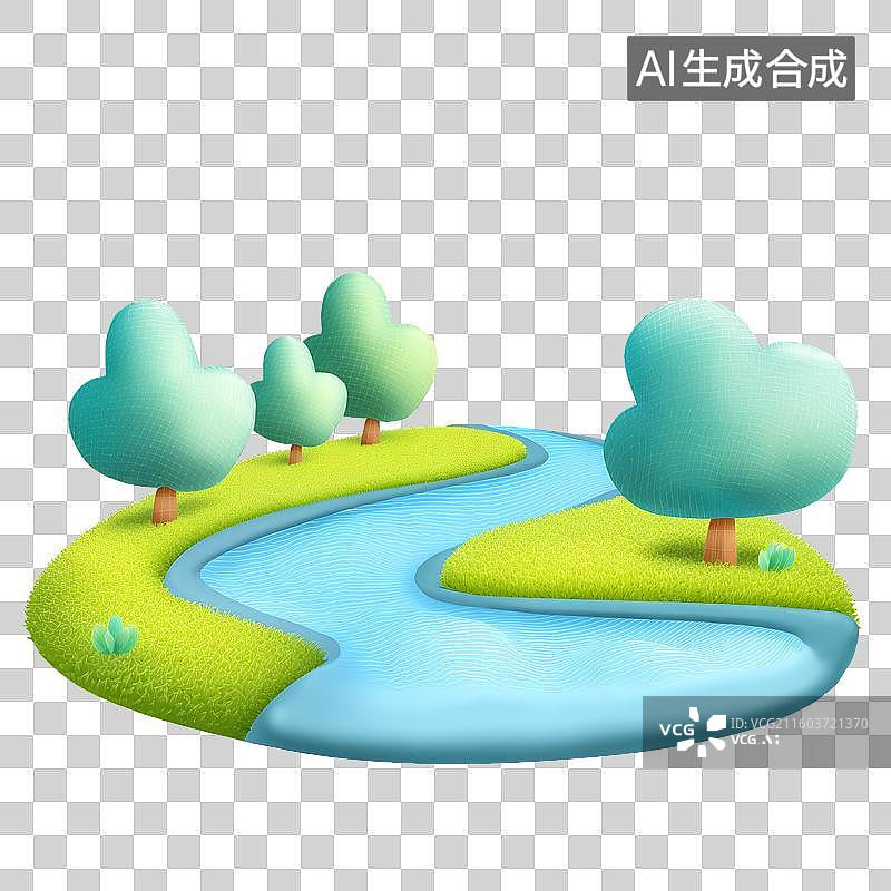 【AI数字艺术】3D膨胀风圆润卡通春天场景树林小河微缩景观免抠元素透明底PNG图片素材