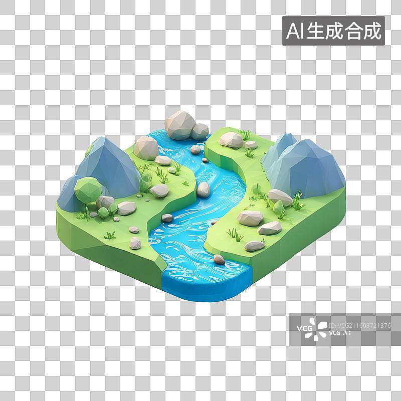 【AI数字艺术】3D膨胀风低多边形风格卡通绿色山脉小河草地微缩景观免抠元素透明底PNG图片素材