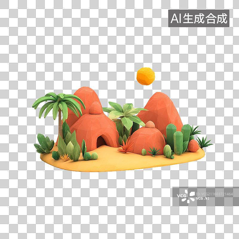 【AI数字艺术】3D黏土风格圆润卡通沙漠绿洲仙人掌棕榈树场景免抠元素透明底PNG图片素材