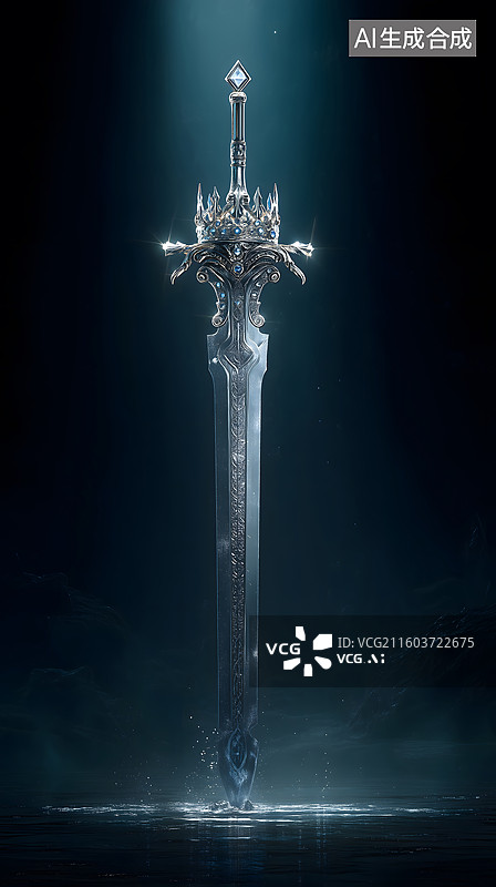 【AI数字艺术】银辉圣剑立水间尽展魔幻史诗冷峻魂图片素材