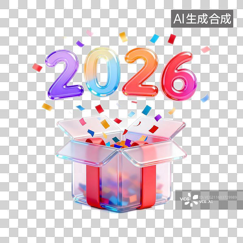 【AI数字艺术】打开3D彩虹色礼品盒，惊喜飞出纸屑和金色2026年数字，马年大吉祝贺元素图片素材