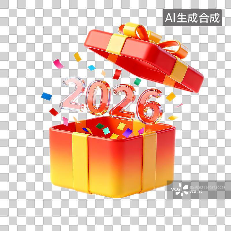 【AI数字艺术】打开3D彩虹色礼品盒，惊喜飞出纸屑和金色2026年数字，马年大吉祝贺元素图片素材