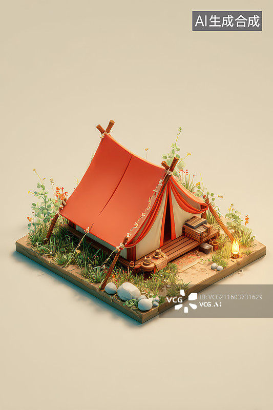 【AI数字艺术】红白帐篷微缩模型石子植被场景图图片素材