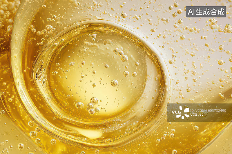 【AI数字艺术】金色液体气泡环绕晶莹微观特写图图片素材
