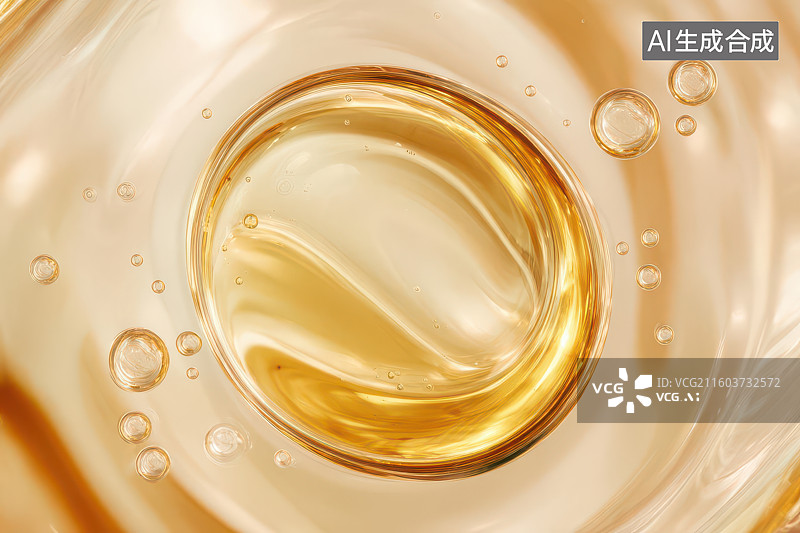 【AI数字艺术】金色液体气泡环绕晶莹微观特写图图片素材