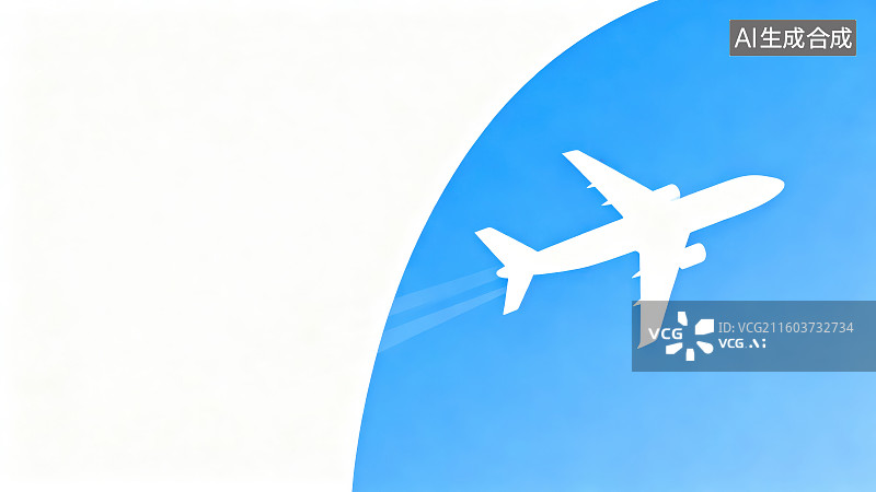 【AI数字艺术】蓝白色拼色背景下白色飞机模型和飞机拉烟水汽尾迹云，旅游度假差旅出行概念图片素材