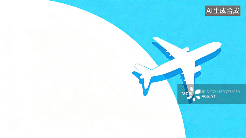 【AI数字艺术】蓝白色拼色背景下白色飞机模型和飞机拉烟水汽尾迹云，旅游度假差旅出行概念图片素材
