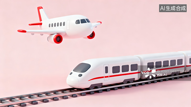 【AI数字艺术】纯色粉色背景下卡通轨道交通高铁和飞机模型，节假日出行搭乘交通工具旅行主题概念图片素材