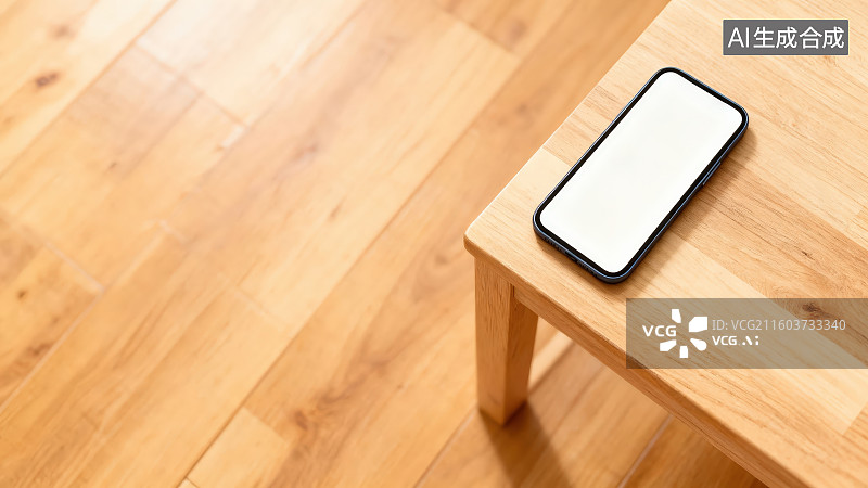【AI数字艺术】木制木纹桌面上放置的白色全面屏幕的智能手机图片素材
