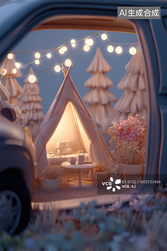 【AI数字艺术】车窗露营帐篷串灯夜晚温馨场景图图片素材