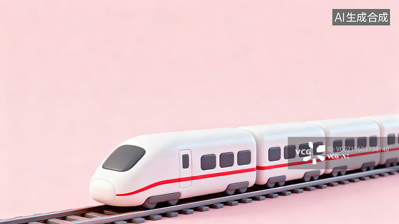 【AI数字艺术】纯色粉色背景下卡通铁轨轨道交通火车高铁模型，国庆节假日出发旅游动车高铁出行出差旅游春运回家插画背景图片素材