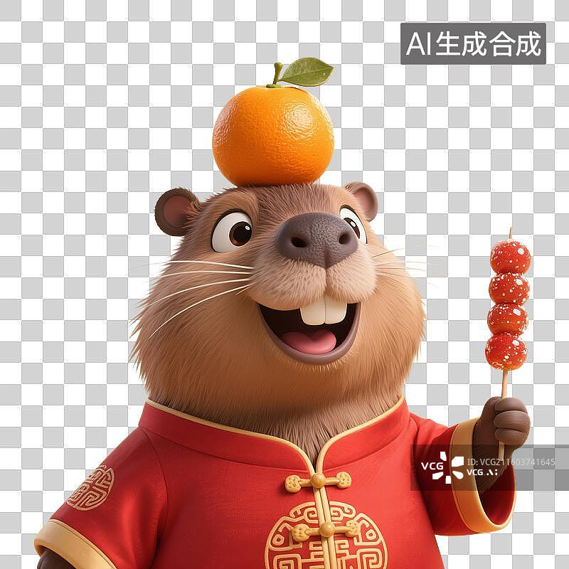 【AI数字艺术】3D渲染，中国风插画，拿着冰糖葫芦的可爱卡通水豚，卡皮巴拉，元宵节，春节，新年，免抠元素图片素材