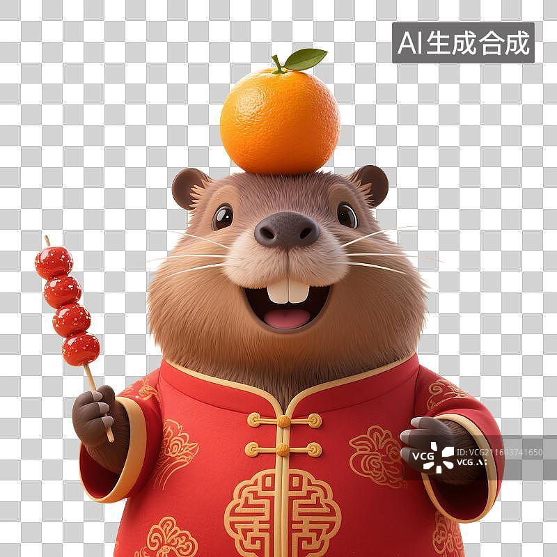 【AI数字艺术】3D渲染，中国风插画，拿着冰糖葫芦的可爱卡通水豚，卡皮巴拉，元宵节，春节，新年，免抠元素图片素材