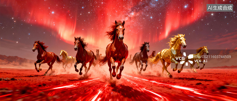 【AI数字艺术】骏马群红月调踏水奔马场景图片素材