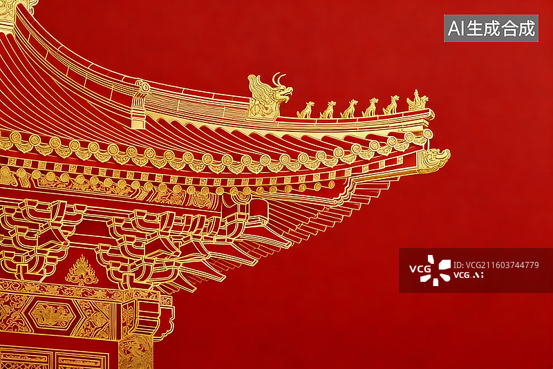 【AI数字艺术】宫殿飞檐金色风中式建筑场景图片素材