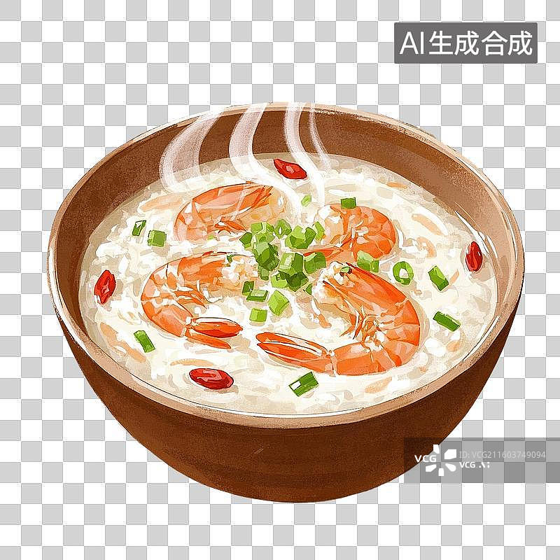 【AI数字艺术】中国风手绘插画，一碗海鲜粥，海鲜美食，免抠元素图片素材