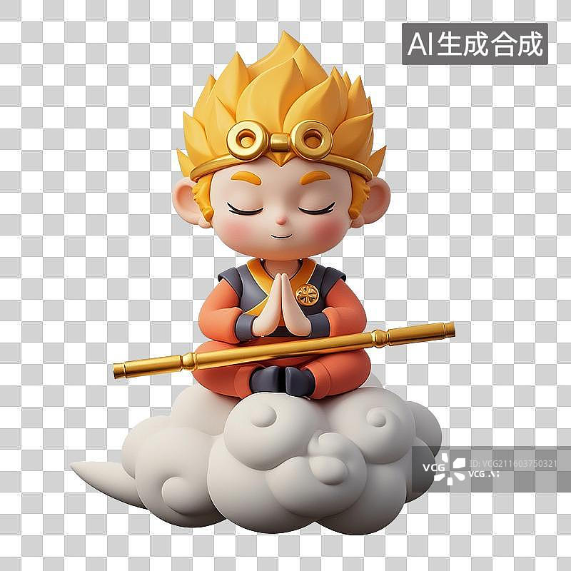 【AI数字艺术】3D渲染Q版孙悟空，齐天大圣，中国神话人物，孙悟空，筋斗云，免抠元素图片素材