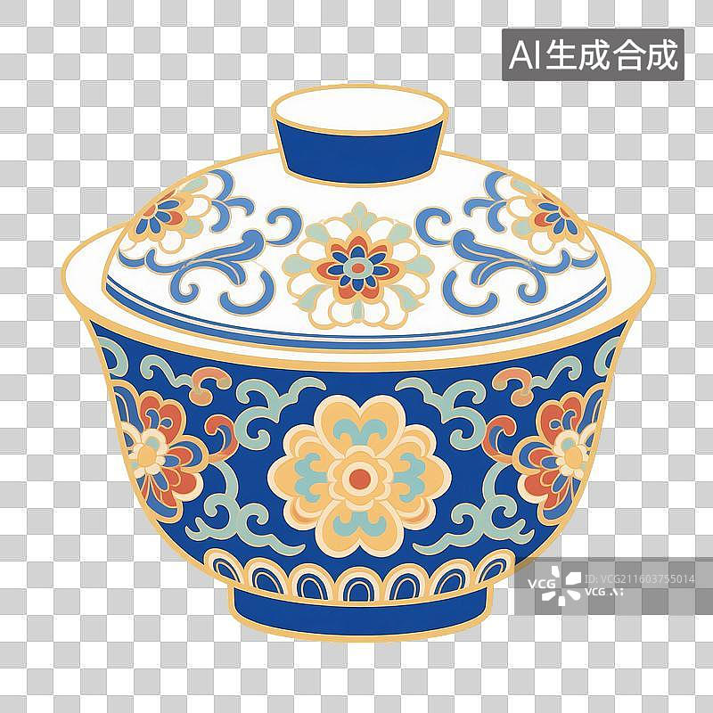 【AI数字艺术】国风手绘插画，盖碗茶，茶盏，茶杯茶具，瓷器，茶道，茶文化，喝茶饮茶免抠元素图片素材